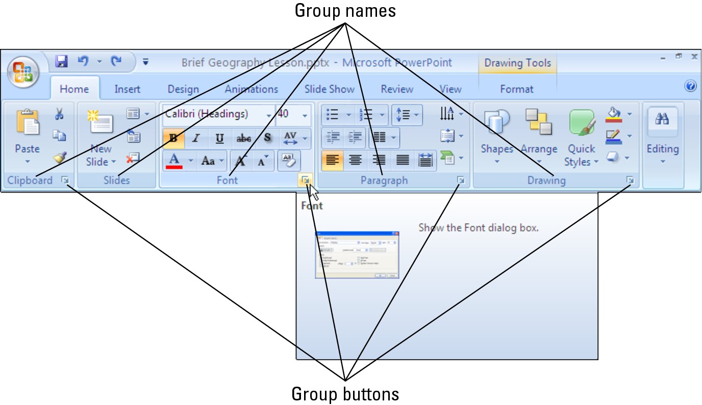 Figure 3-5: Each tab is organized into groups; some groups offer group buttons.